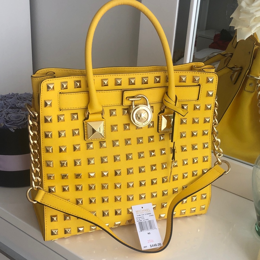 Michael Kors Yellow Studded Satchel with Gold Hardware